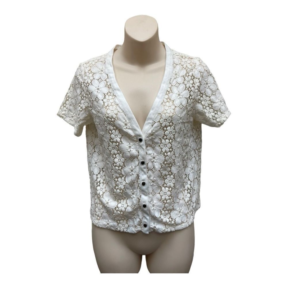 Maison Jules Off White Lace See Through Top Size M Classic Crop Sweater EUC